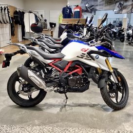 2024 BMW G 310 GS in a POLAR WHITE/ RACING BLUE exterior color. SoSo Cycles 877-344-5251 sosocycles.com 