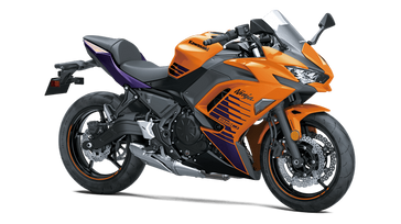 2025 KAWASAKI NINJA 650 ABS CANDY STEEL FURNACE ORANGE AND METALLIC SPARK BLACK AND METALLIC ROYAL PURPLE