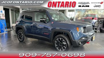 2023 Jeep Renegade Trailhawk 4x4 in a Slate Blue Pearl Coat exterior color and Blackinterior. Jeep Chrysler Dodge RAM FIAT of Ontario 909-757-0698 jcofontario.com 