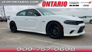 2023 Dodge Charger Scat Pack in a White Knuckle exterior color and Blackinterior. Jeep Chrysler Dodge RAM FIAT of Ontario 909-757-0698 jcofontario.com 