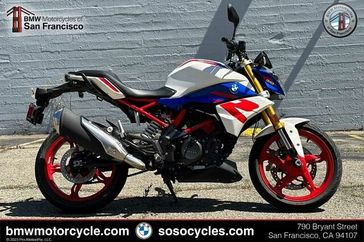 2023 BMW G 310 R in a POLAR WHITE/RACING BLUE M exterior color. SoSo Cycles 877-344-5251 sosocycles.com 