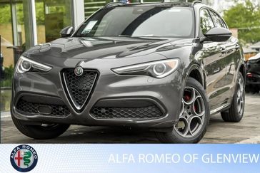 2023 Alfa Romeo Stelvio Ti in a Vesuvio Gray Metallic exterior color and Blackinterior. Alfa Romeo of Glenview 847-558-1263 alfaromeoglenview.com 