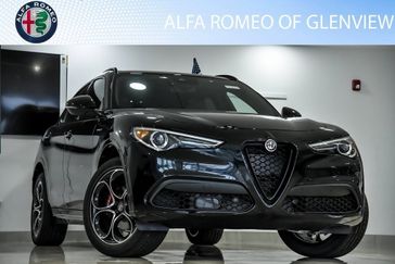 2023 Alfa Romeo Stelvio Veloce in a Vulcano Black Metallic exterior color and Blackinterior. Maserati of Glenview 847-904-6379 maseratiglenview.com 
