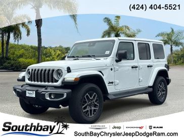 New 2025 Jeep Wrangler 4-door Sahara in a Bright White Clear Coat exterior color and Blackinterior. Southbay Chrysler Jeep Dodge Ram (424) 404-5521 pixelmotiondemo.com 