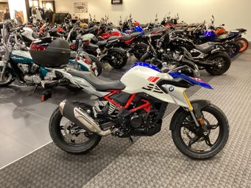 2024 BMW G 310 GS in a POLAR WHITE/ RACING BLUE exterior color. SoSo Cycles 877-344-5251 sosocycles.com 