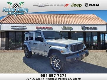 2024 Jeep Wrangler 4-door Sport S 4xe in a Silver Zynith Clear Coat exterior color and Blackinterior. Perris Valley Chrysler Dodge Jeep Ram 951-355-1970 perrisvalleydodgejeepchrysler.com 