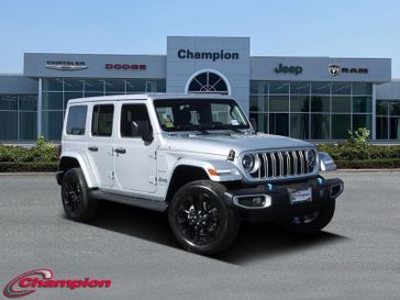 2024 Jeep Wrangler 4-door Sahara 4xe in a Silver Zynith Clear Coat exterior color and CLOTHinterior. Champion Chrysler Jeep Dodge Ram 800-549-1084 pixelmotiondemo.com 