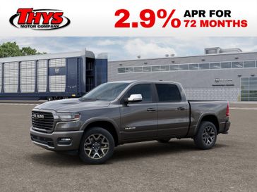 New 2026 RAM 1500 Laramie Crew Cab 4x4 5'7' Box in a Granite Crystal Metallic Clear Coat exterior color and Blackinterior. Thys Motor Company 319-318-6640 thysmotorco.com 