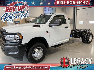 2024 RAM 3500 Tradesman Chassis Regular Cab 4x4 84' Ca in a Bright White Clear Coat exterior color and Blackinterior. Legacy Auto Center 620-315-9264 legacyautocenter.net 