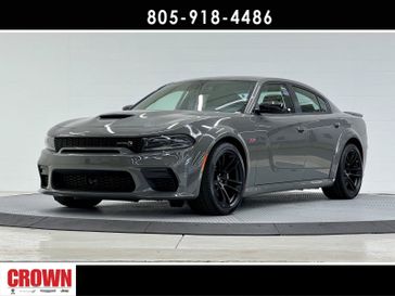 2023 Dodge Charger Scat Pack Widebody in a Destroyer Gray Clear Coat exterior color and Blackinterior. Ventura Auto Center 866-978-2178 venturaautocenter.com 