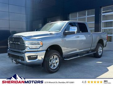 2024 RAM 2500 Laramie Crew Cab 4x4 6'4' Box in a Billet Silver Metallic Clear Coat exterior color and Blackinterior. Sheridan Motors CDJR 307-218-2217 sheridanmotor.com 