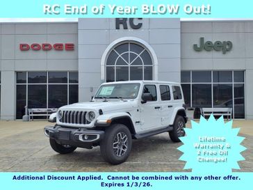 New 2025 Jeep Wrangler 4-door Sahara in a Bright White Clear Coat exterior color and Blackinterior. RC Chrysler Dodge Jeep Ram 304-714-2632 gorcauto.com 