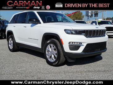 2022 Jeep Grand Cherokee Limited in a Bright White Clear Coat - PW7 exterior color and Global Black - ALX7interior. Carman Chrysler Jeep Dodge Ram 302-317-2378 carmanchryslerjeepdodge.com 