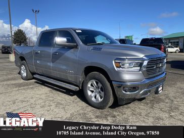 2024 RAM 1500 Laramie Crew Cab 4x4 6'4' Box in a Billet Silver Metallic Clear Coat exterior color and Blackinterior. Legacy Chrysler Jeep Dodge RAM 541-663-4885 legacychryslerjeepdodgeram.com 