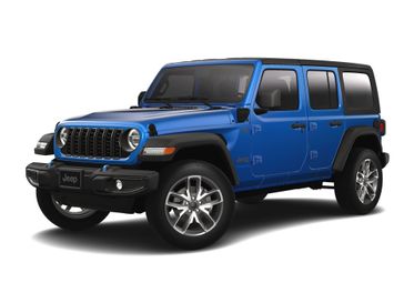 2024 Jeep Wrangler 4-door Sport S 4xe in a Hydro Blue Pearl Coat exterior color and Blackinterior. Victor Chrysler Dodge Jeep Ram 585-236-4391 victorcdjr.com 
