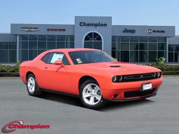 2023 Dodge Challenger SXT in a Go Mango exterior color and HOUNDSTOOTHinterior. Champion Chrysler Jeep Dodge Ram 800-549-1084 pixelmotiondemo.com 