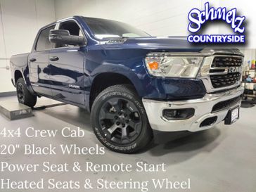 2023 RAM 1500 Big Horn Crew Cab 4x4 w/Heated Seats in a Patriot Blue Pearl Coat exterior color and Diesel Gray/Black Heated Seatsinterior. Schmelz Countryside Alfa Romeo and Fiat (651) 968-0556 schmelzfiat.com 