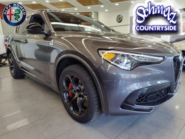 2023 Alfa Romeo Stelvio Quadrifoglio Awd in a Vesuvio Gray Metallic exterior color and Black Heated Sport Leatherinterior. Schmelz Countryside Alfa Romeo (651) 867-3222 schmelzalfaromeo.com 