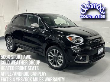 2022 Fiat 500X Sport AWD w/Sunroof in a Nero Cinema (Black Clear Coat) exterior color and Black Heated Seatsinterior. Schmelz Countryside Alfa Romeo (651) 867-3222 schmelzalfaromeo.com 