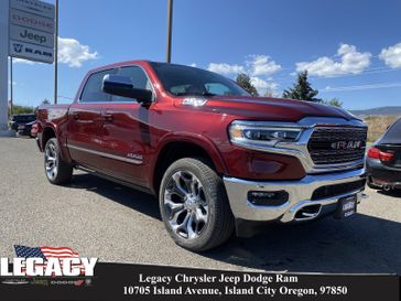 2023 RAM 1500 Limited Crew Cab 4x4 5'7' Box in a Delmonico Red Pearl Coat exterior color and Indigo/Sea Saltinterior. Legacy Chrysler Jeep Dodge RAM 541-663-4885 legacychryslerjeepdodgeram.com 