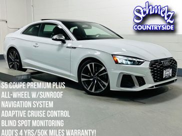 2022 Audi S5 Coupe Premium Plus AWD w/Nav in a Glacier White Metallic exterior color and Black Heated Leatherinterior. Schmelz Countryside Alfa Romeo (651) 867-3222 schmelzalfaromeo.com 