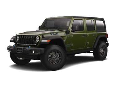2024 Jeep Wrangler 4-door Willys 4xe in a Sarge Green Clear Coat exterior color and Blackinterior. Victor Chrysler Dodge Jeep Ram 585-236-4391 victorcdjr.com 