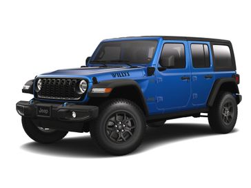 2024 Jeep Wrangler 4-door Willys 4xe in a Hydro Blue Pearl Coat exterior color and Blackinterior. Victor Chrysler Dodge Jeep Ram 585-236-4391 victorcdjr.com 