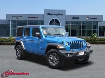 2024 Jeep Wrangler 4-door Sport S in a Hydro Blue Pearl Coat exterior color and CLOTHinterior. Champion Chrysler Jeep Dodge Ram 800-549-1084 pixelmotiondemo.com 