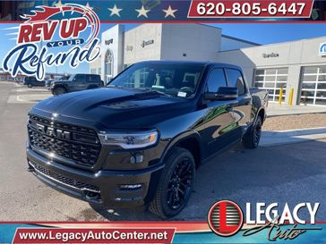 2025 RAM 1500 Limited Crew Cab 4x4 5'7' Box in a Diamond Black Crystal Pearl Coat exterior color and Blackinterior. Legacy Auto Center 620-315-9264 legacyautocenter.net 