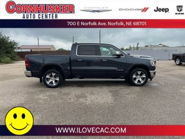 2020 RAM 1500 Laramie in a Maximum Steel Metallic Clear Coat exterior color and Blackinterior. Cornhusker Auto Center 402-866-8665 cornhuskerautocenter.com 