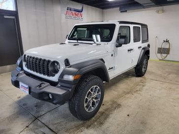 New 2026 Jeep Wrangler 4-door Sport S in a Bright White Clear Coat exterior color and Blackinterior. Jensen Chrysler Dodge Jeep Ram 507-354-0542 jensenchryslerdodgejeepram.com 