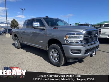 2024 RAM 3500 Laramie Mega Cab 4x4 6'4' Box in a Billet Silver Metallic Clear Coat exterior color. Legacy Chrysler Jeep Dodge RAM 541-663-4885 legacychryslerjeepdodgeram.com 