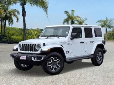 New 2025 Jeep Wrangler 4-door Sahara in a Bright White Clear Coat exterior color and Blackinterior. Southbay Chrysler Jeep Dodge Ram (424) 404-5521 pixelmotiondemo.com 