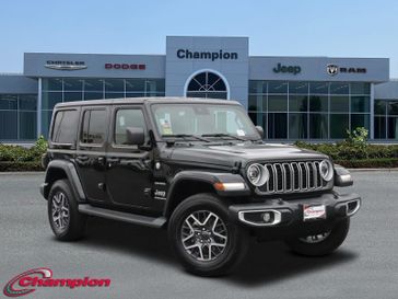 2024 Jeep Wrangler 4-door Sahara in a Black Clear Coat exterior color and CLOTHinterior. Champion Chrysler Jeep Dodge Ram 800-549-1084 pixelmotiondemo.com 