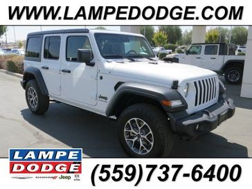 2024 Jeep Wrangler 4-door Sport S in a Bright White Clear Coat exterior color. Lampe Chrysler Dodge Jeep RAM 559-471-3085 pixelmotiondemo.com 