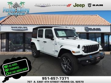 2024 Jeep Wrangler 4-door Sport S 4xe in a Bright White Clear Coat exterior color and Blackinterior. Perris Valley Chrysler Dodge Jeep Ram 951-355-1970 perrisvalleydodgejeepchrysler.com 