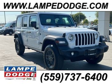 2024 Jeep Wrangler 4-door Sport S in a Bright White Clear Coat exterior color and Blackinterior. Lampe Chrysler Dodge Jeep RAM 559-471-3085 pixelmotiondemo.com 