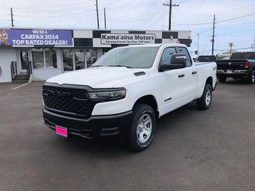 New 2025 RAM 1500 Tradesman Quad Cab 4x4 6'4' Box in a Bright White Clear Coat exterior color. Kamaaina Motors 1-808-746-7956 kamaainamotors.com 