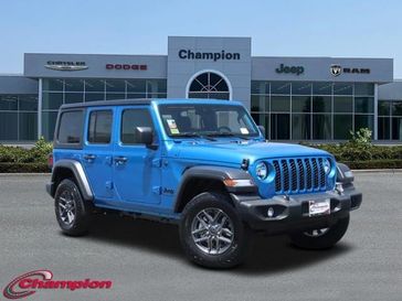2024 Jeep Wrangler 4-door Sport S in a Hydro Blue Pearl Coat exterior color and CLOTHinterior. Champion Chrysler Jeep Dodge Ram 800-549-1084 pixelmotiondemo.com 