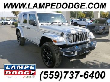 2024 Jeep Wrangler 4-door Sahara 4xe in a Silver Zynith Clear Coat exterior color and Blackinterior. Lampe Chrysler Dodge Jeep RAM 559-471-3085 pixelmotiondemo.com 