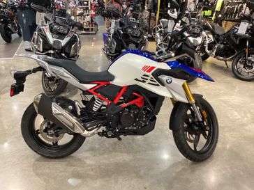 2024 BMW G 310 GS in a POLAR WHITE/RADING BLUE exterior color. SoSo Cycles 877-344-5251 sosocycles.com 