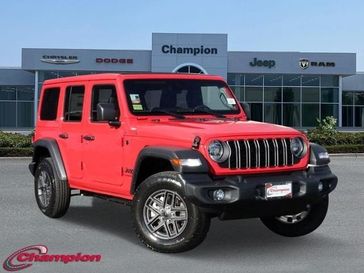 2024 Jeep Wrangler 4-door Sport S in a Firecracker Red Clear Coat exterior color and CLOTHinterior. Champion Chrysler Jeep Dodge Ram 800-549-1084 pixelmotiondemo.com 