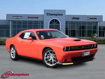 2023 Dodge Challenger Gt in a Go Mango exterior color and HOUNDSTOOTHinterior. Champion Chrysler Jeep Dodge Ram 800-549-1084 pixelmotiondemo.com 