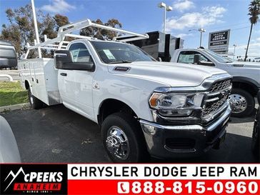 2023 RAM 3500 Tradesman Chassis Regular Cab 4x2 84' Ca in a Bright White Clear Coat exterior color and Diesel Gray/Blackinterior. McPeek's Chrysler Dodge Jeep Ram of Anaheim 888-861-6929 mcpeeksdodgeanaheim.com 