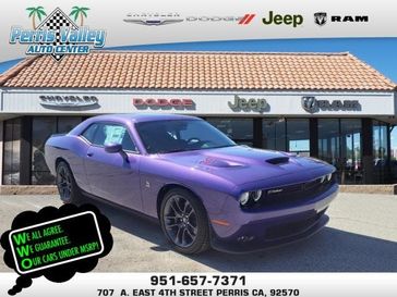 2023 Dodge Challenger R/T Scat Pack in a Plum Crazy exterior color and Blackinterior. Perris Valley Chrysler Dodge Jeep Ram 951-355-1970 perrisvalleydodgejeepchrysler.com 