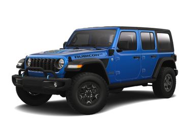 2023 Jeep Wrangler Rubicon 4xe in a Hydro Blue Pearl Coat exterior color and Red/Blackinterior. Victor Chrysler Dodge Jeep Ram 585-236-4391 victorcdjr.com 