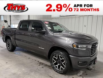 New 2026 RAM 1500 Laramie Crew Cab 4x4 5'7' Box in a Granite Crystal Metallic Clear Coat exterior color and Blackinterior. Thys Motor Company 319-318-6640 thysmotorco.com 
