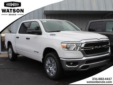 2024 RAM 1500 Big Horn Crew Cab 4x4 5'7' Box in a Bright White Clear Coat exterior color and Diesel Gray/Blackinterior. Watson Benzie, LLC 231-383-7836 watsonchryslerdodgejeep.com 