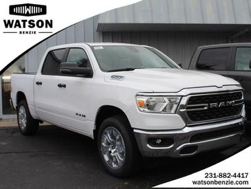 2024 RAM 1500 Big Horn Crew Cab 4x4 5'7' Box in a Bright White Clear Coat exterior color and Diesel Gray/Blackinterior. Watson's Manistee Chrysler Inc 231-299-8691 watsonsmanisteechrysler.com 