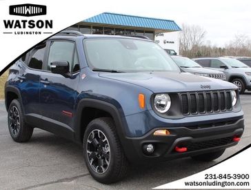 2023 Jeep Renegade Trailhawk 4x4 in a Slate Blue Pearl Coat exterior color and Blackinterior. Watson's Manistee Chrysler Inc 231-299-8691 watsonsmanisteechrysler.com 